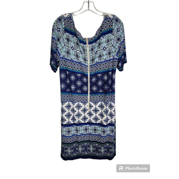 Eliza J Geo Striped Shift Dress Blue Stretchy Lined Size 14W NWT - Picture 4 of 11